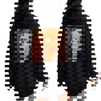 Doll Face Meme Expression Hilarious Sarcastic Women Oversized Hoodie Back Print | Mazezy