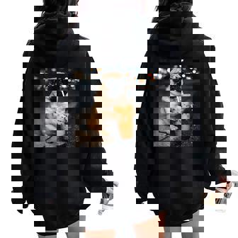 Pug Drinking Iced Coffee Cute Dog Meme Humor Women Oversized Hoodie Back Print - Seseable