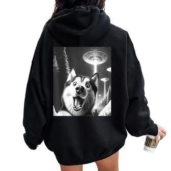 Siberian Husky Alien Ufo Taking A Selfie Dog Mom Dad Women Oversized Hoodie Back Print - Thegiftio UK