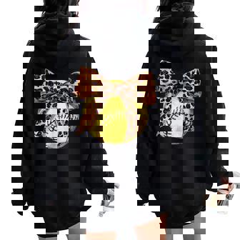 Girls Softball Leopard Animal Print Bow Ribbon Mom Daughter Women Oversized Hoodie Back Print - Thegiftio