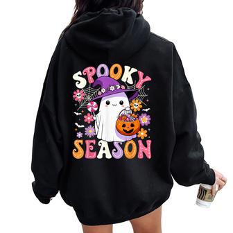 Groovy Spooky Season Retro Ghost Holding Pumpkin Halloween Women Oversized Hoodie Back Print - Thegiftio UK