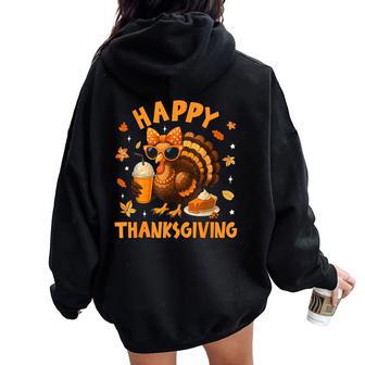 Happy Thanksgiving Turkey Drinking Coffee Bow Womens Women Oversized Hoodie Back Print - Thegiftio UK