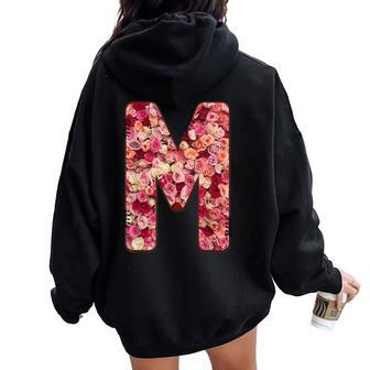 Initiale Florale M Avec Roses En Fleurs Sweat à capuche oversize pour femme avec imprimé dans le dos - Cadeauxyz