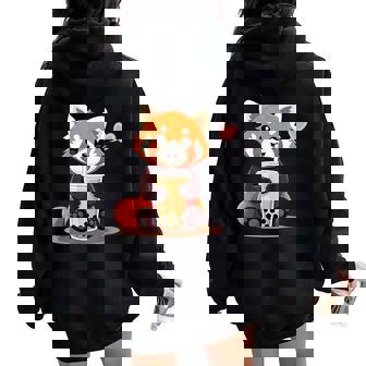 Kawaii Red Panda Bubble Tea Women Oversized Hoodie Back Print - Thegiftio