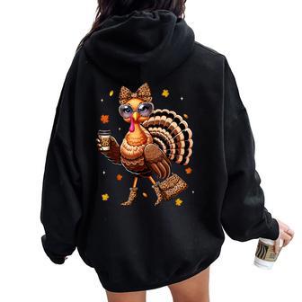 Leopard Turkey Drinking Coffee Thanksgiving Turkey Day Women Oversized Hoodie Back Print - Thegiftio UK
