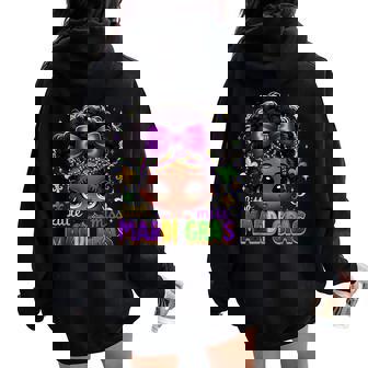 Little Miss Mardi Gras Cute Girl Messy Bun Festival Carnival Women Oversized Hoodie Back Print - Thegiftio
