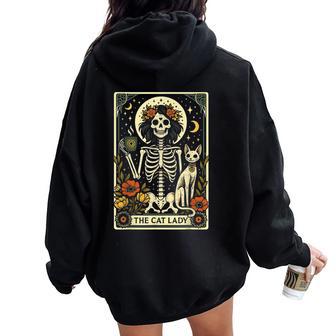 Mystic Skeleton The Cat Lady With Coffee Tarot Card Vibes Women Oversized Hoodie Back Print - Thegiftio UK