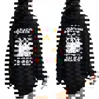 Preschool Boo Crew Groovy Halloween Floral Ghost Teacher Men Women Kids Women Oversized Hoodie Back Print | Mazezy