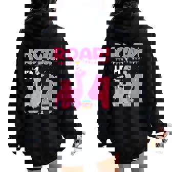 Roar I'm 4 Year Old Dinosaur Girl 4Th Birthday Party Women Oversized Hoodie Back Print | Mazezy