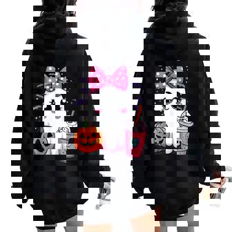 Spooky Cute Ghost Drinking Iced Coffee Pumpkin Bow Halloween Women Oversized Hoodie Back Print | Seseable CA