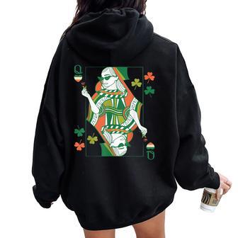 St Patrick's Day Irish Hearts Queen Playing Cards Clover Women Oversized Hoodie Back Print - Thegiftio UK