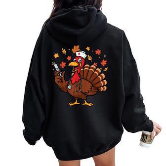 Thanksgiving Turkey Nurse Syringe Fall Scrub Top Men Women Oversized Hoodie Back Print - Thegiftio UK