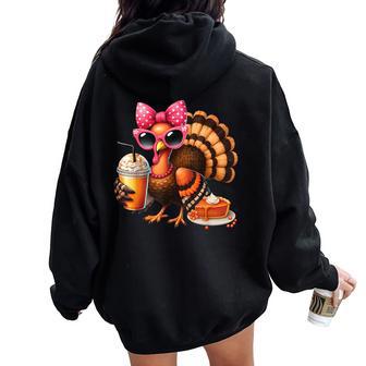 Turkey Drinking Coffee Thanksgiving Bow Turkey Day Women Oversized Hoodie Back Print - Thegiftio UK
