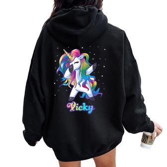 Vicky Nombre Personalizado Personalizado Rainbow Unicorn Dabbing Women Oversized Hoodie Back Print - Regaloses