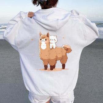 Cute Llama And Cat Women Oversized Hoodie Back Print - Thegiftio