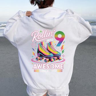 9Th Birthday Girl Nine 9 Year Old Roller Skate Skating Women Oversized Hoodie Back Print - Thegiftio UK