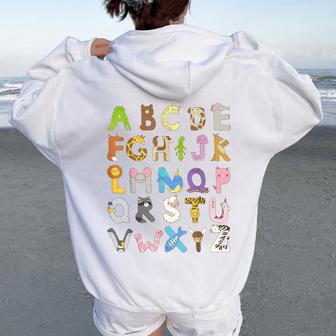 Abc Animals Alphabet Graphic Boys Girls Kindergarten Teacher Women Oversized Hoodie Back Print - Thegiftio