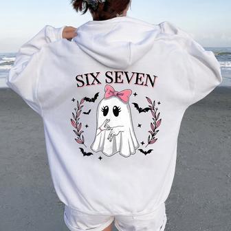 Six Seven Meme 67 Spooky Ghost Halloween 6 7 Cute Girl Women Oversized Hoodie Back Print - Thegiftio UK