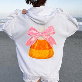 Halloween Candy Corn Coquette Bow Spooky Season Girls Women Oversized Hoodie Back Print - Thegiftio UK
