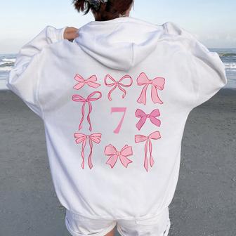 Hello Seven Coquette Preppy Pink Bow 7Th Birthday Girl Women Oversized Hoodie Back Print - Thegiftio UK