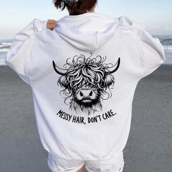 Highland Cow Messy Hair Don't Care Women Oversized Hoodie Back Print - Thegiftio UK