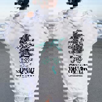 Leopard Messy Bun Survivor Cervical Cancer Awareness Women Oversized Hoodie Back Print - Thegiftio