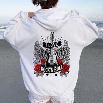 I Love Rock And Roll Guitare Électrique Rétro Rock&Roll Sweat à capuche oversize pour femme avec imprimé dans le dos - Cadeauxyz