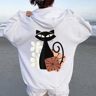 Midcentury Mid Century Cat Retro Atomic Age Modern Floral Women Oversized Hoodie Back Print - Thegiftio UK