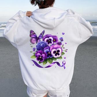 Purple Floral Pansies Butterfly Ribbon Alzheimer's Awareness Women Oversized Hoodie Back Print - Thegiftio UK