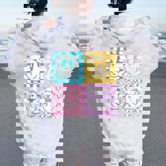 Retro Happy Smile Face Checkered Pattern Vibes Trendy Girls Women Oversized Hoodie Back Print | Mazezy