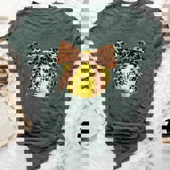 Girls Softball Leopard Animal Print Bow Ribbon Mom Daughter Bella Canvas T-shirt - Thegiftio