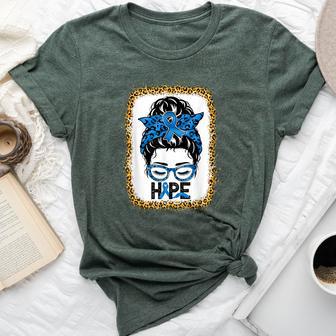Hope Messy Bun Colon Cancer Awareness Leopard Bleached Bella Canvas T-shirt - Thegiftio UK