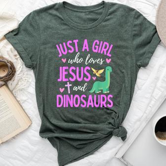 Just A Girl Who Loves Jesus And Dinosaurs Christian Cute Bella Canvas T-shirt - Thegiftio UK