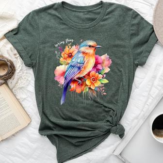 Spring Fling Floral Bird Spring Flowers Bella Canvas T-shirt - Thegiftio UK