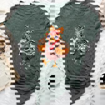 Turkey Drinking Coffee Bow Thanksgiving Turkey Day Women Bella Canvas T-shirt | Mazezy