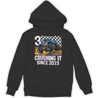 3Rd Birthday Monster Truck 3 Year Old Boys Party Born 2023 Hoodie - Thegiftio UK
