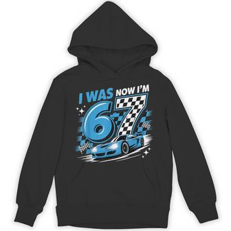 Blue Checkered Car Race I Was 6 Now I'm 7 Birthday Boy Bday Hoodie - Thegiftio UK