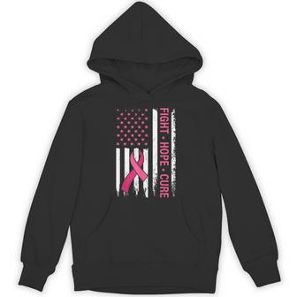 Breast Cancer Awareness Fight Hope Cure Pink Ribbon Us Flag Hoodie - Seseable
