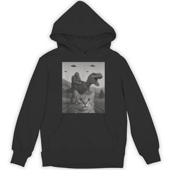 Cat Selfie With Bigfoot Riding T-Rex Dinosaur Alien Ufo Hoodie - Thegiftio UK