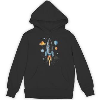 Distressed Rocket Ship And Planets Hoodie - Monsterry