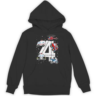 Emergency Vehicles 4Th Birthday Fire Truck Police Car Boys Hoodie - Thegiftio UK