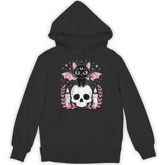Goblincore Cat Bat On Skull Moonphases Goth Cottagecore Hoodie | Seseable UK