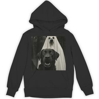 Halloween Selfie Black Lab With Bear Ghost Costume Meme Hoodie - Thegiftio UK
