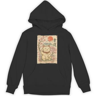 Japanese Anime Maneki Neko Waving Cat Good Luck Kanji Lucky Hoodie - Thegiftio UK