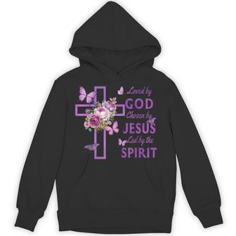 Loved By God Chosen By Jesus Purple Cross And Butterflies Hoodie - Thegiftio UK