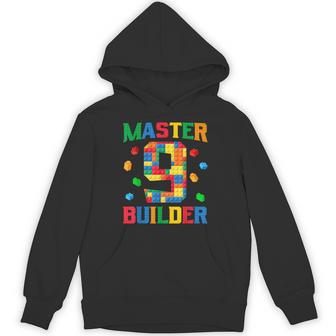 Master Builder 9Th Birthday 9 Year Old Brick Building Blocks Hoodie - Thegiftio