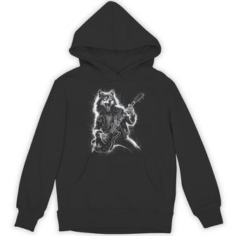 Wolf Playing Guitar Rocker Dog Playing Guitar Rock Hoodie - Thegiftio UK