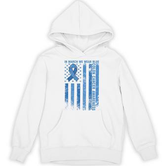 Colon Cancer Awareness Usa Flag In March We Wear Blue Hoodie - Thegiftio UK