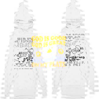 Deviled Egg Lover Foodie Humor Apparel -Adult Modern Round Collar Short Sleeve White Small God Is Good God Is Great Put Those Eggs On My Plate Hoodie - Monsterry
