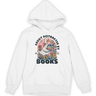 Easily Distracted By Books Read Goose Lover Bookworm Reading Hoodie - Seseable